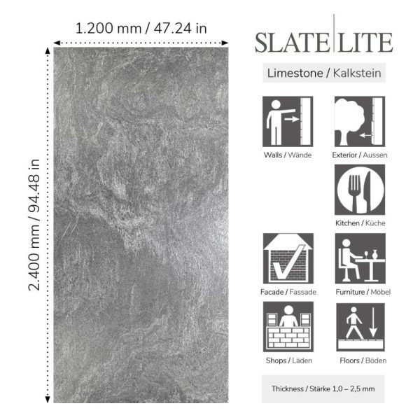 Размери на каменен декор от естествени камъни Grey Limestone Slate-Lite