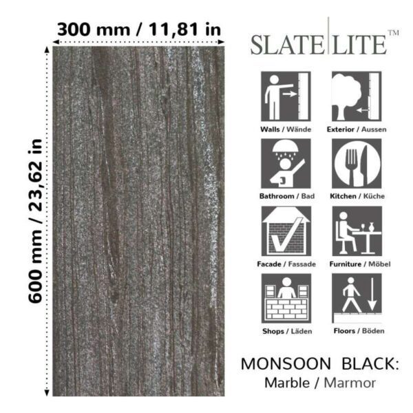 Размери на каменен декор от естествени камъни Monsoon Black Slate-Lite