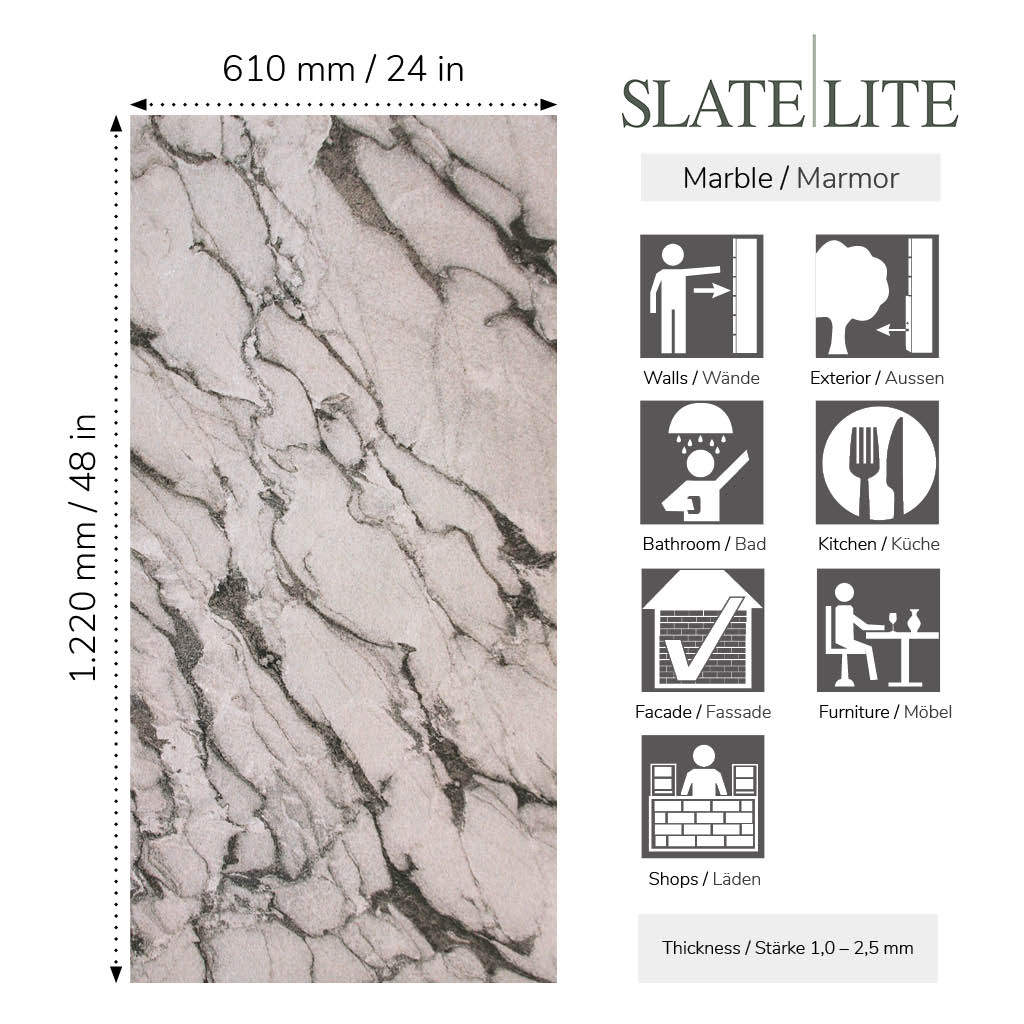 Размери на каменен декор от естествени камъни Mystic White Slate-Lite