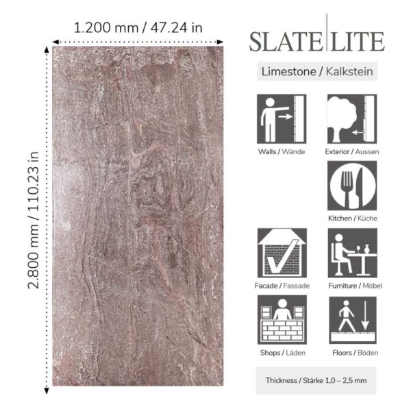 Размери на каменен декор от естествени камъни Pink Limestone Slate-Lite