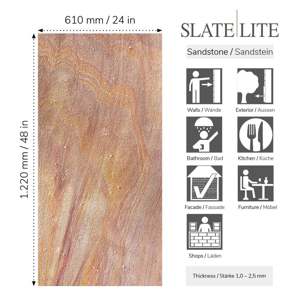 Размери на каменен декор от естествени камъни Rainbow Slate-Lite