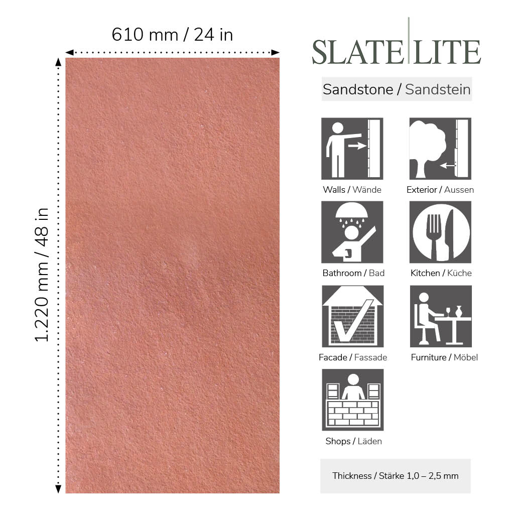 Размери на каменен декор от естествени камъни Red Sand Slate-Lite