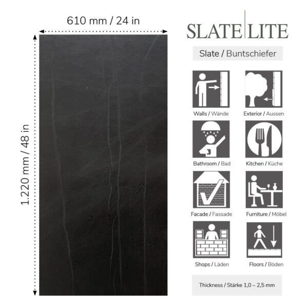 Размер на каменен декор от естествени камъни Terra Noir Vertical Slate-Lite