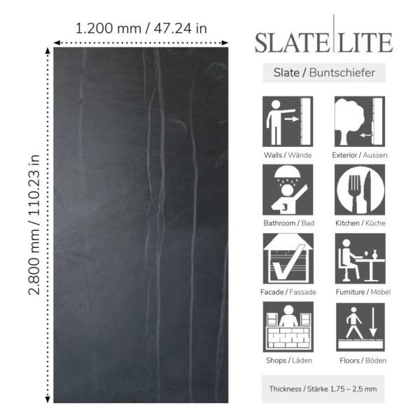 Размер на каменен декор от естествени камъни Terra Noir Vertical Slate-Lite