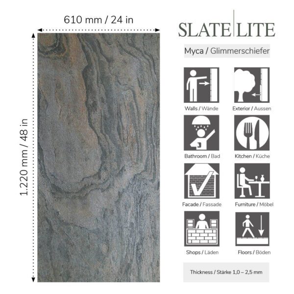 размер на каменен декор за стена Verde Gris Marble Slate-Lite