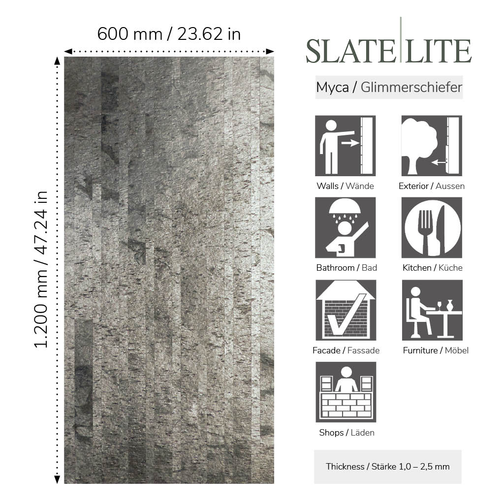 Размер на каменен декор тип тухла от естествени камъни Silver Grey Slate-Lite