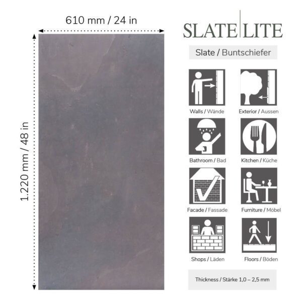 Размери на каменна фасада Arcobaleno Gris Slate-Lite