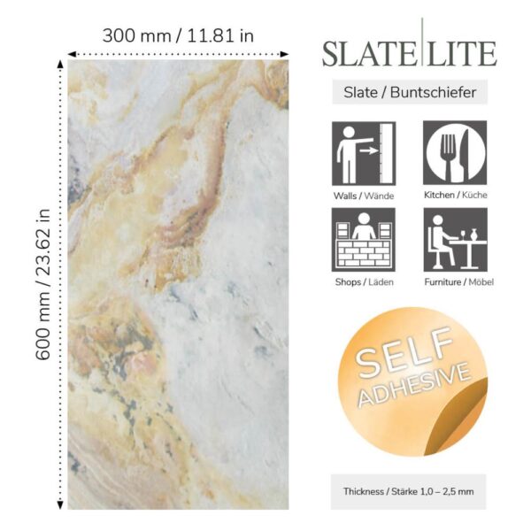 размер на самозалепящ се каменен декор от естествени камъни Blanco Slate-Lite